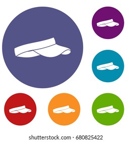 Golf visor icons set in flat circle red, blue and green color for web