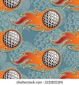 Golf wallpaper design vector image. Repeating tile background of golf balls and fire flame seamless pattern texture.