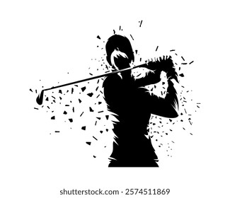 Golf woman, female golfer logo, isolated vector silhouette with dispersion effect. Golf swing clip art