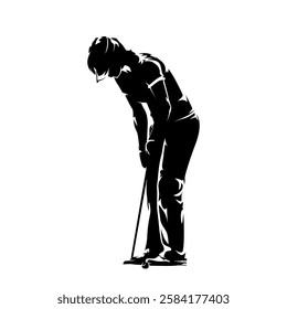 Golf, woman golfer putting the ball in the hole, isolated vector silhouette. Golf clip art