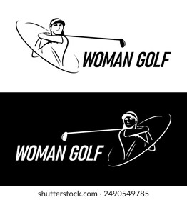 Vector de diseño de logotipo de ilustración en blanco y negro de jugador de golf mujer