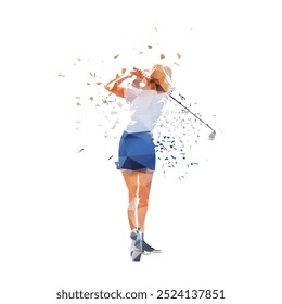 Golf women, female golf player. Low poly isolated vector illustration of woman playing golf, rear view