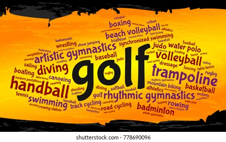 Golf. Word cloud, cool design, gold background. Summer sports.