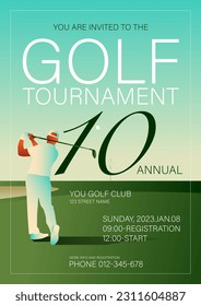 Golfclub competition poster. Template for golf competition or championship event. Blue sky and green golf field.