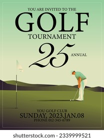 Golfclub competition poster. Template for golf competition or championship event. Blue sky and green golf field. svg