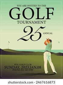 Golfclub competition poster. Template for golf competition or championship event. Blue sky and green golf field.