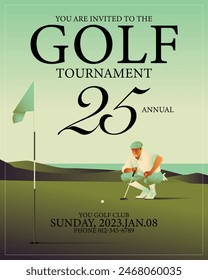 Afiche de la competición del club de golf. Plantilla para competición de golf o evento de campeonato. Cielo azul y campo de golf verde.