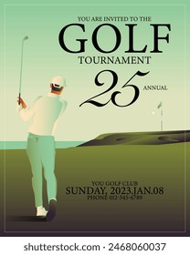 Golfclub competition poster. Template for golf competition or championship event. Blue sky and green golf field.