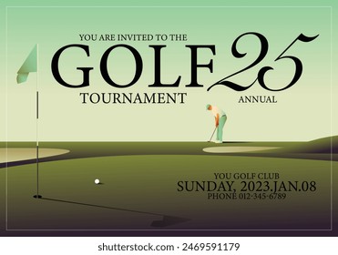 Golfclub competition poster. Template for golf competition or championship event. Blue sky and green golf field.