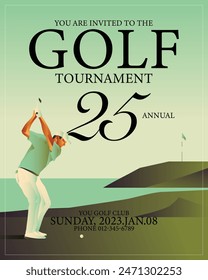 Golfclub competition poster. Template for golf competition or championship event. Blue sky and green golf field.