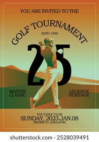 Golfclub competition poster. Template for golf competition or championship event. Blue sky and green golf field.