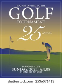 Golfclub competition poster. Template for golf competition or championship event. Blue sky and green golf field.