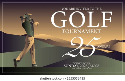 Golfclub competition poster. Template for golf competition or championship event. Blue sky and green golf field.