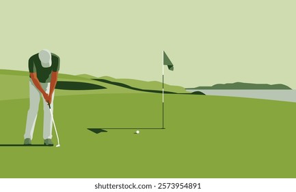 Golfclub competition poster. Template for golf competition or championship event. Blue sky and green golf field.