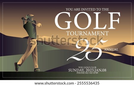 Golfclub competition poster. Template for golf competition or championship event. Blue sky and green golf field.