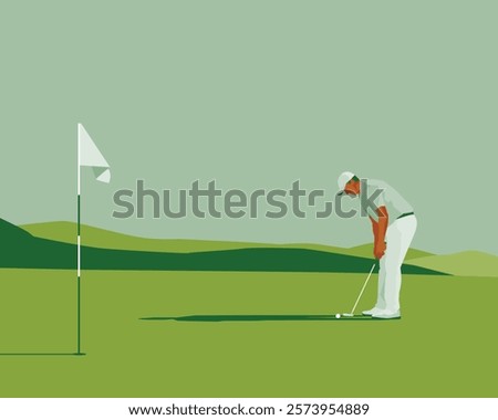 Golfclub competition poster. Template for golf competition or championship event. Blue sky and green golf field.