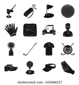 A golfer, a ball, a club and other golf attributes.Golf club set collection icons in black style vector symbol stock illustration web.