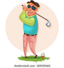 Golfer blond in sunglasses is standing on the grass with a stick for a golfer. Vector cartoon illustration.