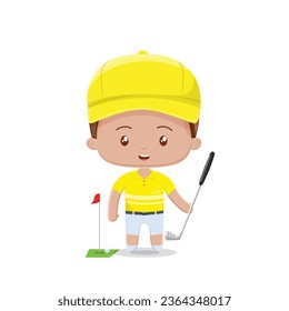 A golfer boy cute character who holds a stick golf