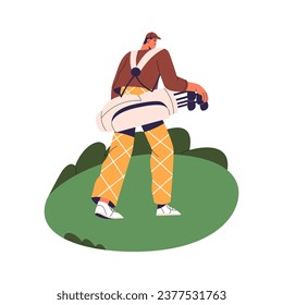 Golfer carrying bag with golf equipment, tool, kit: club, putter, golfballs. Player going on field, look back. People play, training sport games. Flat isolated vector illustration on white background