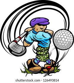 Golfer Cartoon Swinging Golf Club at Ball on Tee