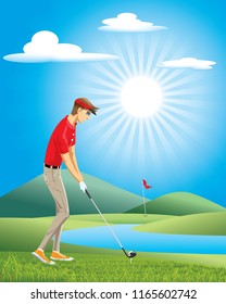 Golfer cartoon vector man playing Golf.