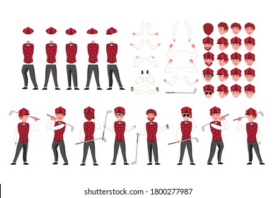 constructor de caracteres Golfer. Juego de creación de golfistas. Diferentes equipos, posturas, emociones, partes del cuerpo y colección de ropa. Ilustración de dibujos animados. Vista frontal, lateral y trasera.
