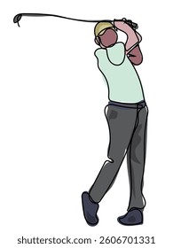 Golfer in continuous line drawing on a white background.