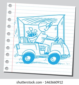 Golfer is driving a golf car going to the golf field.