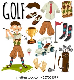 Golfer and golf accessories. Vector cartoon set.