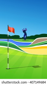 Golfer at golf course. Golf hole vector green tee background illustration with sand bunker and water hazard