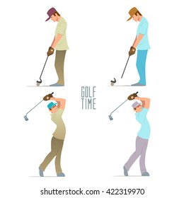 golfer, golf player, man, with golf club, cartoon character, golf club, time to play, concept, set, vector color illustration