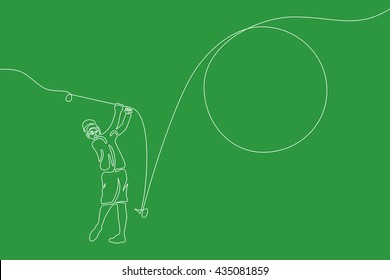 Golfer graphic using single line to design and form the shape of golfer hitting the golf ball.