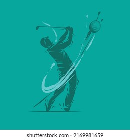 Golfer hit the ball with a stick.Golf player silhouette vector illustration.Good for golf club or tournament logo.