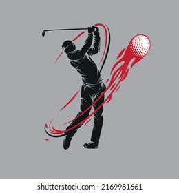 Golfer hit the ball with a stick.Golf player silhouette vector illustration.Good for golf club or tournament logo.