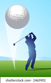 Golfer hitting ball that occupies a large part of the foreground creates a strong graphic impact - VECTOR