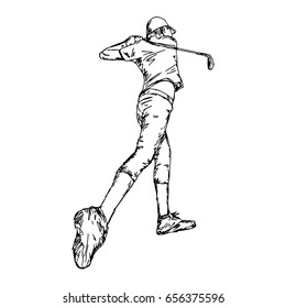 golfer hitting ball - vector illustration sketch hand drawn with black lines, isolated on white background