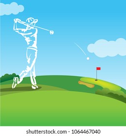 Golfer hitting golf ball to hold on green in golf course. Golf tournament invitation flyer template vector graphic design. 
