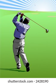 Golfer hitting a golf ball straight to the green - VECTOR