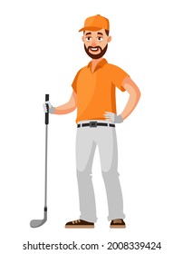 Golfer holding club. Male person in cartoon style.