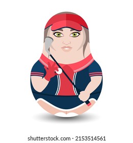 Golfer. Image of a girl in a sports uniform with a golf club and ball in her hand. Design tilting toy. Modern kawaii dolls for your business project. Flat vector illustration.