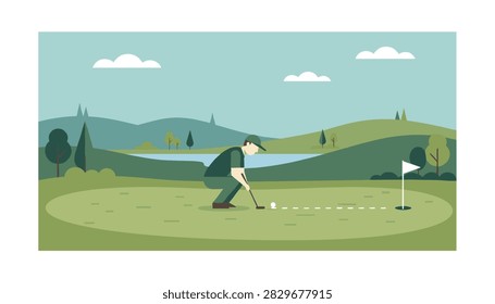 Golfer kneeling on a green course while aiming a shot towards the flag on a beautiful hilly golf club landscape.