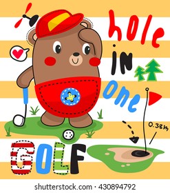 Golfer little bear on yellow and white striped background illustration vector.