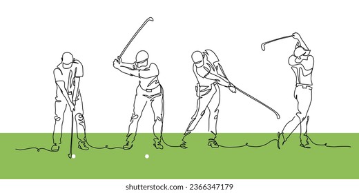 Golfer making swing motion on golf course. Vector illustration. One continuous line art drawing of golfer.