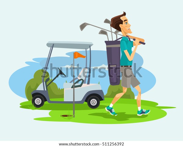 Golfer man character playing golf. Vector\
flat cartoon\
illustration