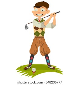 Golfer man character in retro clothes. Golf swing. Cute cartoon vector Illustration isolated on white background.