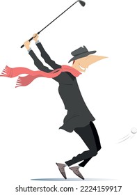 Golfer Mann auf der Golfplatz-Illustration.
Schlechtes Wetter. Golfer Mann im Hut und Schal mit einem Golfclub versucht einen guten Schuss zu machen. Einzeln auf Weiß
