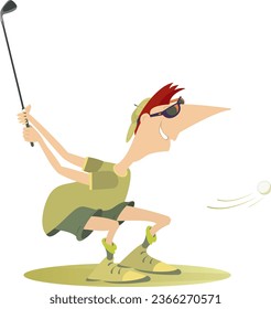 Hombre golfista en el campo de golf. 
Campo de golf. Un golfista de dibujos animados que intenta hacer un buen tiro. Aislado sobre fondo blanco
