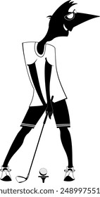 Golfer man on the golf course. 
Golf course. Cartoon golfer man aiming to do a good shot. Black and white illustration
