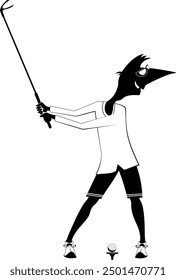 Golfer man on the golf course. 
Golf course. Cartoon golfer man aiming to do a good shot. Black and white illustration
